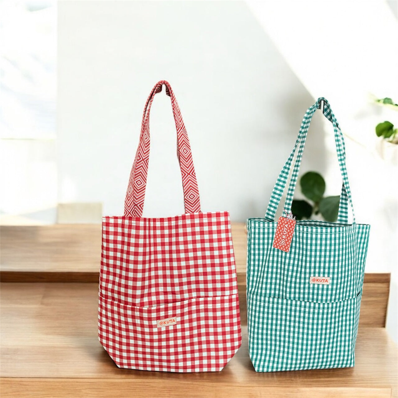 Bright and cheerful gingham totes